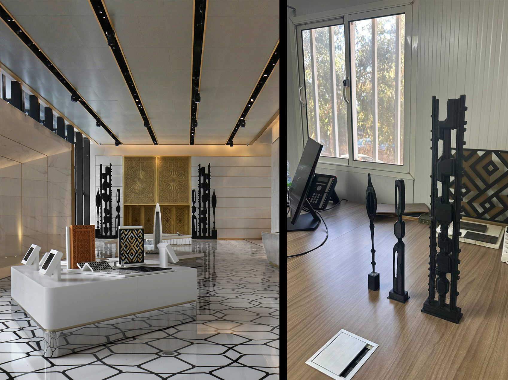 Showroom JOJMA Maroc présentant des échantillons de finitions et des prototypes de sculptures métalliques