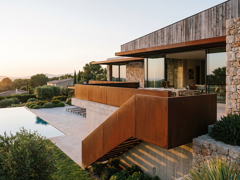 Garde-corps et habillage extérieur en acier Corten intégrés à une villa contemporaine avec terrasse et piscine