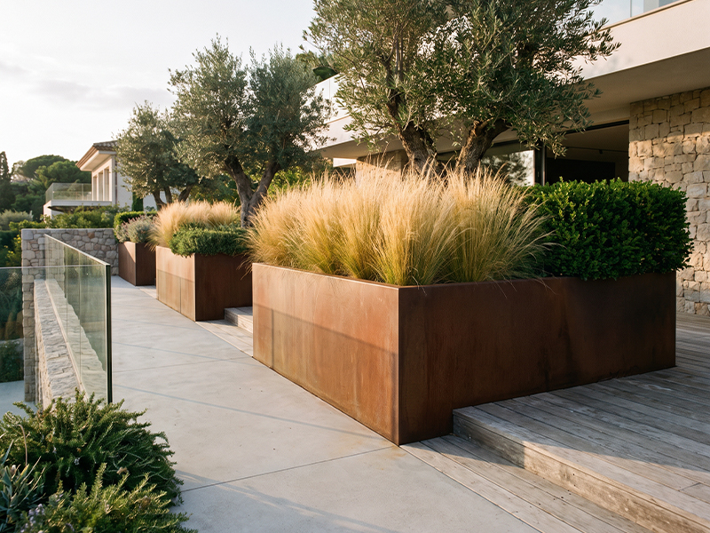 Grandes jardinières en acier Corten remplies d’oliviers et de végétation dans l’aménagement extérieur d’une villa