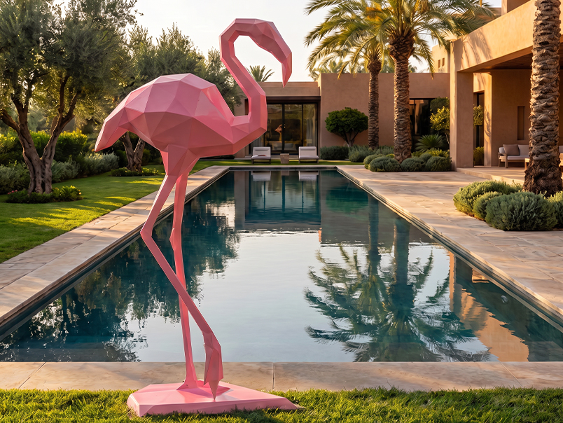 Sculpture origami de flamant rose installée au bord d’une piscine dans une villa contemporaine.